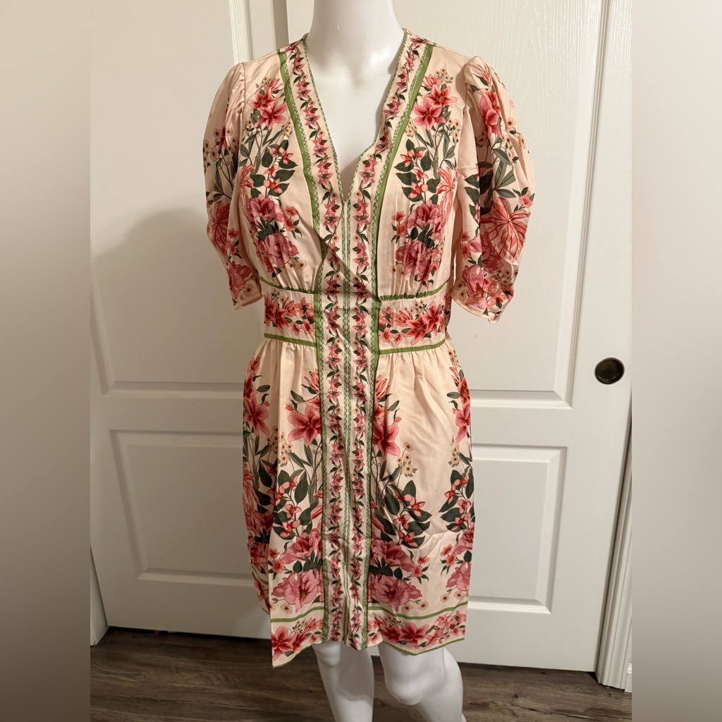 Source Unknown Pink Floral Midi Dress With Green Trim